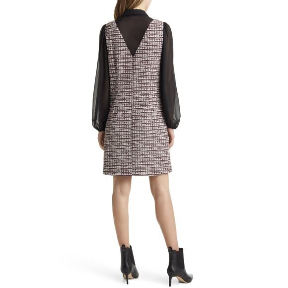 Julia Jordan Black Multicolor Tweed Bow Tie Pinafore Sleeves Mini Shirt Dress 8 - Picture 2 of 8